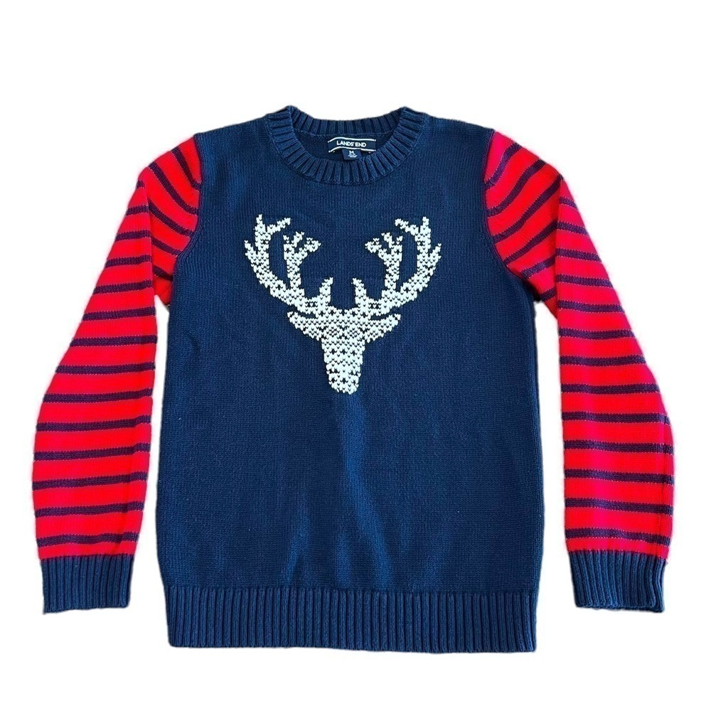 Lands’ End Deer Sweater Size Medium (10-12) Navy Blue/Red